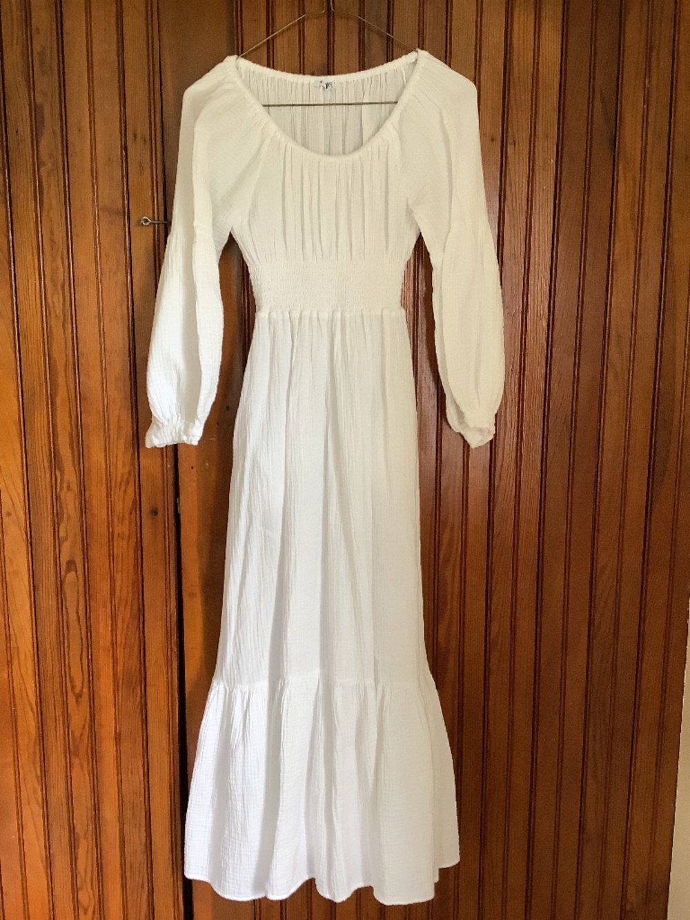 White Long Sleeve Smocked Maxi Dress - Brand: